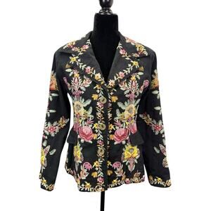 Paparazzi by Biz Floral Embroidered Black Cotton Blazer Jacket Sz S Boho Chic